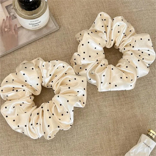 1/3PCS Polka Dot Satin Scrunchies – Large Ruffled Hair Bands for Women, Black & White Elegant Hair Ties